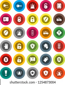 White Solid Icon Set- rubber glove vector, dollar shield, safe, attention, traffic light, amkbulance car, lock, unlock, key, sign, siren, home protect, password