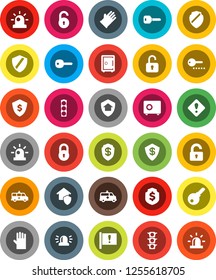 White Solid Icon Set- rubber glove vector, dollar shield, safe, attention, traffic light, amkbulance car, lock, unlock, key, sign, siren, home protect, password