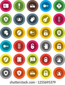 White Solid Icon Set- rubber glove vector, dollar shield, safe, attention, traffic light, amkbulance car, lock, unlock, key, sign, siren, home protect, password