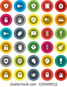 White Solid Icon Set- rubber glove vector, dollar shield, safe, attention, traffic light, amkbulance car, lock, unlock, key, sign, siren, home protect, password