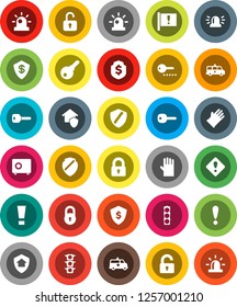 White Solid Icon Set- rubber glove vector, dollar shield, safe, attention, traffic light, amkbulance car, lock, key, sign, siren, unlock, home protect, password