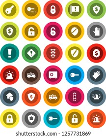 White Solid Icon Set- rubber glove vector, dollar shield, safe, attention, traffic light, amkbulance car, lock, unlock, key, sign, siren, home protect, password