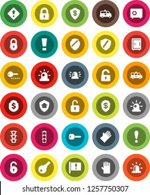 White Solid Icon Set- rubber glove vector, dollar shield, safe, attention, traffic light, amkbulance car, lock, unlock, key, sign, siren, home protect, password