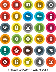 White Solid Icon Set- rubber glove vector, dollar shield, safe, attention, traffic light, amkbulance car, lock, unlock, key, sign, siren, home protect, password