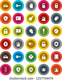 White Solid Icon Set- rubber glove vector, dollar shield, safe, attention, traffic light, amkbulance car, lock, unlock, key, sign, siren, home protect, password
