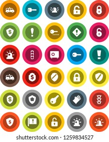 White Solid Icon Set- rubber glove vector, dollar shield, safe, attention, traffic light, amkbulance car, lock, unlock, key, sign, siren, home protect, password