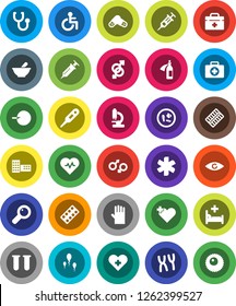 White Solid Icon Set- rubber glove vector, school building, heart pulse, first aid kit, doctor bag, ambulance star, disabled, cross, thermometer, vial, eye, gender sign, magnifier, insemination