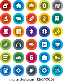 White Solid Icon Set- rubber glove vector, book, case, atom, microscope, dollar coin, credit card, cursor, gymnast rings, signpost, flammable, headphones, play button, heart pulse, syringe, pills