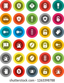 White Solid Icon Set- rubber glove vector, dollar shield, safe, attention, traffic light, amkbulance car, lock, unlock, key, sign, siren, home protect, password