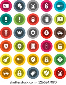 White Solid Icon Set- rubber glove vector, dollar shield, safe, attention, traffic light, amkbulance car, lock, unlock, key, sign, siren, home protect, password