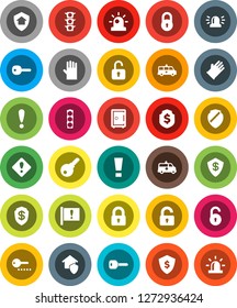 White Solid Icon Set- rubber glove vector, dollar shield, safe, attention, traffic light, amkbulance car, lock, unlock, key, sign, siren, home protect, password
