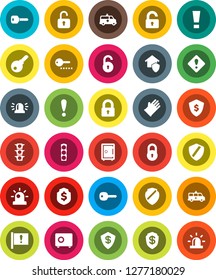 White Solid Icon Set- rubber glove vector, dollar shield, safe, attention, traffic light, amkbulance car, lock, unlock, key, sign, siren, home protect, password