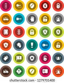 White Solid Icon Set- rubber glove vector, dollar shield, safe, attention, traffic light, amkbulance car, lock, unlock, key, sign, siren, home protect, password