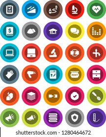 White Solid Icon Set- rubber glove vector, garbage pile, towel, skimmer, microscope, notebook pc, archive, annual report, heart pulse, stairways run, route, protected, equalizer, dialog, big data