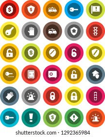 White Solid Icon Set- rubber glove vector, dollar shield, safe, attention, traffic light, amkbulance car, lock, unlock, key, sign, siren, home protect, password