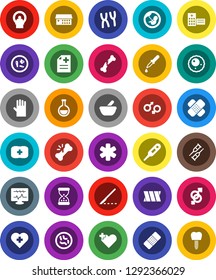White Solid Icon Set- rubber glove vector, heart cross, first aid kit, ambulance star, thermometer, flask, gender sign, pregnancy, dropper, crutches, scalpel, broken bone, sand clock, patch, mortar