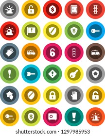 White Solid Icon Set- rubber glove vector, dollar shield, safe, attention, traffic light, amkbulance car, unlock, key, sign, siren, lock, home protect, password