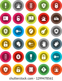 White Solid Icon Set- rubber glove vector, dollar shield, safe, attention, traffic light, amkbulance car, lock, unlock, key, sign, siren, home protect, password