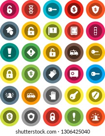 White Solid Icon Set- rubber glove vector, dollar shield, safe, attention, traffic light, amkbulance car, lock, unlock, key, sign, siren, home protect, password