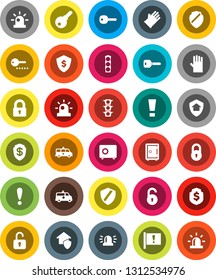White Solid Icon Set- rubber glove vector, dollar shield, safe, attention, traffic light, amkbulance car, lock, unlock, key, sign, siren, home protect, password