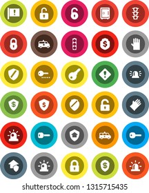 White Solid Icon Set- rubber glove vector, dollar shield, safe, attention, traffic light, amkbulance car, lock, unlock, key, sign, siren, home protect, password