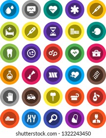 White Solid Icon Set- rubber glove vector, school building, heart pulse, doctor bag, ambulance star, thermometer, flask, gender sign, magnifier, insemination, crutches, broken bone, sand clock