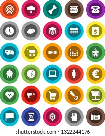 White Solid Icon Set- rubber glove vector, garbage pile, ladle, bbq, notebook pc, flag, pie graph, bank building, receipt, clock, target, man, sand, calendar, euro sign, heart pulse, monitor, bone