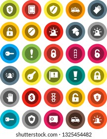 White Solid Icon Set- rubber glove vector, dollar shield, safe, attention, traffic light, amkbulance car, lock, unlock, key, sign, siren, home protect, password