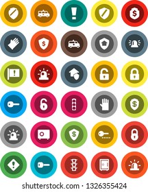 White Solid Icon Set- rubber glove vector, dollar shield, safe, attention, traffic light, amkbulance car, lock, unlock, key, sign, siren, home protect, password