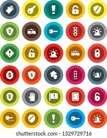 White Solid Icon Set- rubber glove vector, dollar shield, safe, attention, traffic light, amkbulance car, lock, unlock, key, sign, siren, home protect, password