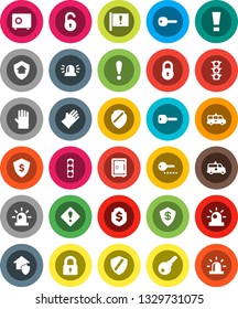 White Solid Icon Set- rubber glove vector, dollar shield, safe, attention, traffic light, amkbulance car, lock, unlock, key, sign, siren, home protect, password