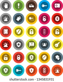 White Solid Icon Set- rubber glove vector, dollar shield, safe, attention, traffic light, amkbulance car, lock, unlock, key, siren, home protect, password