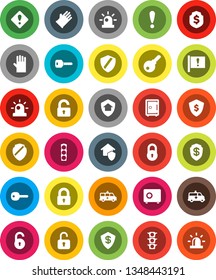 White Solid Icon Set- rubber glove vector, dollar shield, safe, attention, traffic light, amkbulance car, lock, unlock, key, sign, siren, home protect, password