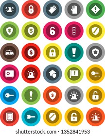 White Solid Icon Set- rubber glove vector, dollar shield, safe, attention, traffic light, amkbulance car, lock, unlock, key, sign, siren, home protect, password