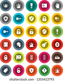 White Solid Icon Set- rubber glove vector, dollar shield, safe, attention, traffic light, amkbulance car, lock, unlock, key, sign, siren, home protect, password
