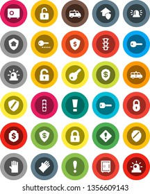 White Solid Icon Set- rubber glove vector, dollar shield, safe, attention, traffic light, amkbulance car, lock, key, sign, siren, unlock, home protect, password