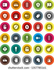 White Solid Icon Set- rubber glove vector, dollar shield, safe, attention, traffic light, amkbulance car, lock, unlock, key, sign, siren, home protect, password