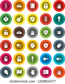 White Solid Icon Set- rubber glove vector, dollar shield, safe, attention, traffic light, amkbulance car, lock, unlock, key, sign, siren, home protect, password