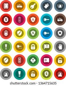 White Solid Icon Set- rubber glove vector, dollar shield, safe, attention, traffic light, amkbulance car, lock, key, sign, siren, unlock, home protect, password