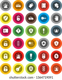 White Solid Icon Set- rubber glove vector, dollar shield, safe, attention, traffic light, amkbulance car, lock, unlock, key, sign, siren, home protect, password