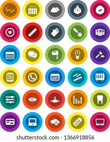 White Solid Icon Set- rubber glove vector, garbage pile, skimmer, mixer, ruler, notebook pc, clipboard, constellation, auction, calendar, stairways run, package, protected, barcode, equalizer, eye