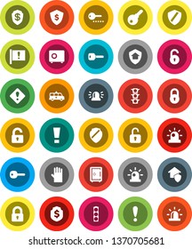 White Solid Icon Set- rubber glove vector, dollar shield, safe, attention, traffic light, amkbulance car, lock, unlock, key, sign, siren, home protect, password