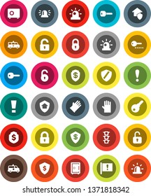 White Solid Icon Set- rubber glove vector, dollar shield, safe, attention, traffic light, amkbulance car, lock, unlock, key, sign, siren, home protect, password