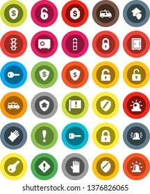 White Solid Icon Set- rubber glove vector, dollar shield, safe, attention, traffic light, amkbulance car, lock, unlock, key, sign, siren, home protect, password