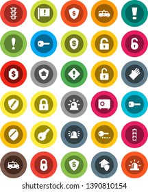 White Solid Icon Set- rubber glove vector, dollar shield, safe, attention, traffic light, amkbulance car, lock, unlock, key, sign, siren, home protect, password