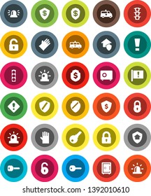 White Solid Icon Set- rubber glove vector, dollar shield, safe, attention, traffic light, amkbulance car, lock, unlock, key, sign, siren, home protect, password