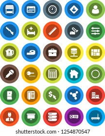 White Solid Icon Set- ruler vector, molecule, crisis, case, calculator, clock, presentation board, dollar cursor, measuring, hoop, calendar, consolidated cargo, flammable, microphone, hospital bed