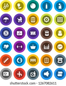 White Solid Icon Set- ruler vector, schedule, certificate, dollar coin, barbell, clipboard, punching bag, fitball, medal, sports nutrition, gymnast rings, route, earth, umbrella, tulip, barcode