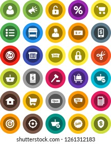 White Solid Icon Set- sale vector, new, open, 24 hour, percent, market, customer, support, target, card reader, receipt, basket, cart, home, auction, trolley, loudspeaker, lock, unlock, check, menu