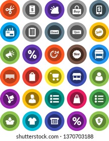 White Solid Icon Set- sale vector, new, open, closed, 24 hour, shopping bag, percent, market, customer, support, buy, barcode, cashbox, receipt, basket, cart, list, trolley, mail, loudspeaker, menu